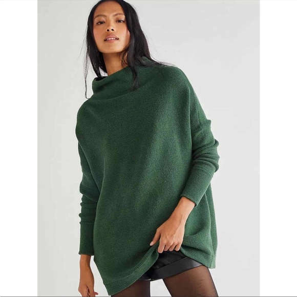 Free People Sweaters - Free People Green Ribbed Mock Neck Ottoman Oversized Tunic Sweater, Size Small
